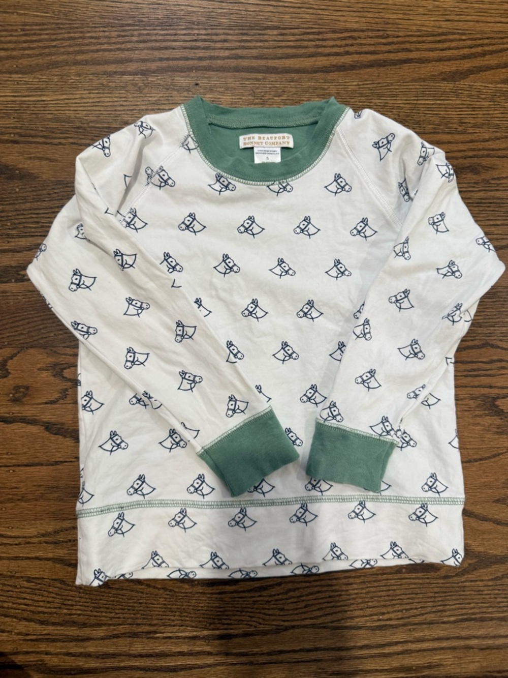 TBBC Cassidy crewneck w/ horse motif and Green Trim size 5